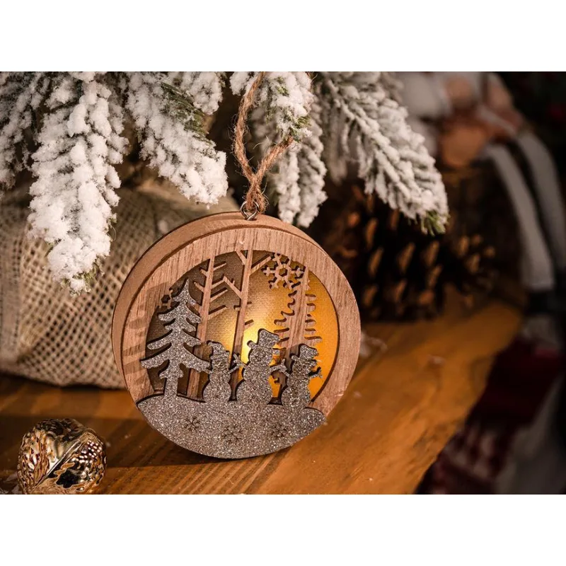 Vianočná dekorácia Snehuliak v guli, LED, závesná, MDF, 8,5x8,5 cm