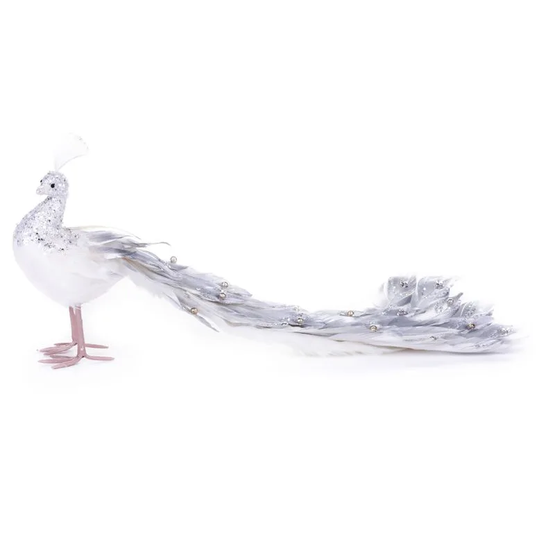 Vianočná dekorácia Páv, strieborný, páperový, 50x20x23 cm