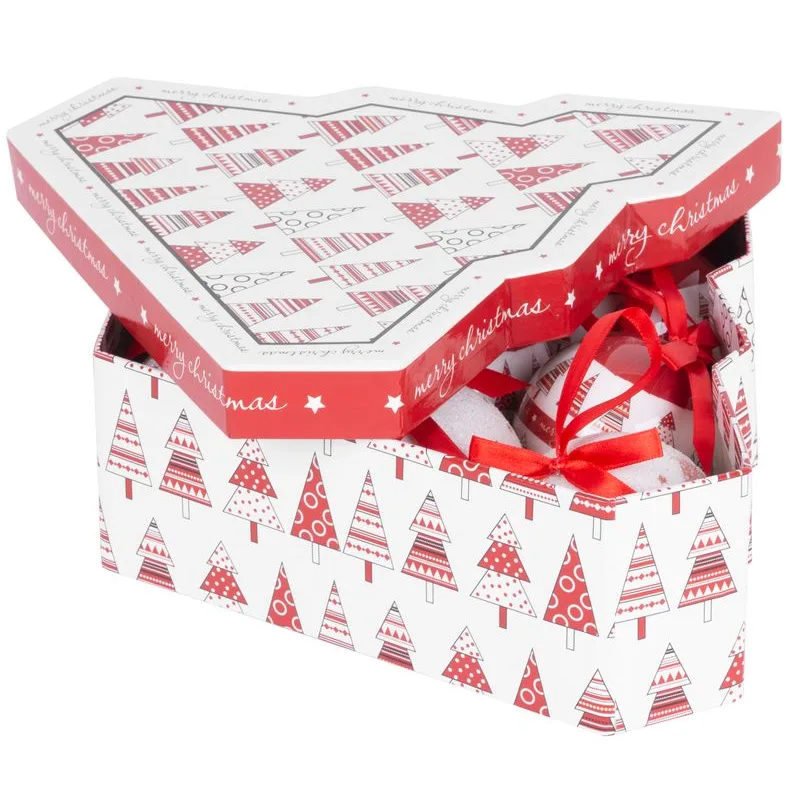 Vianočné gule na stromček so stromčekmi, 6 ks, 7,5 cm, červeno-biele