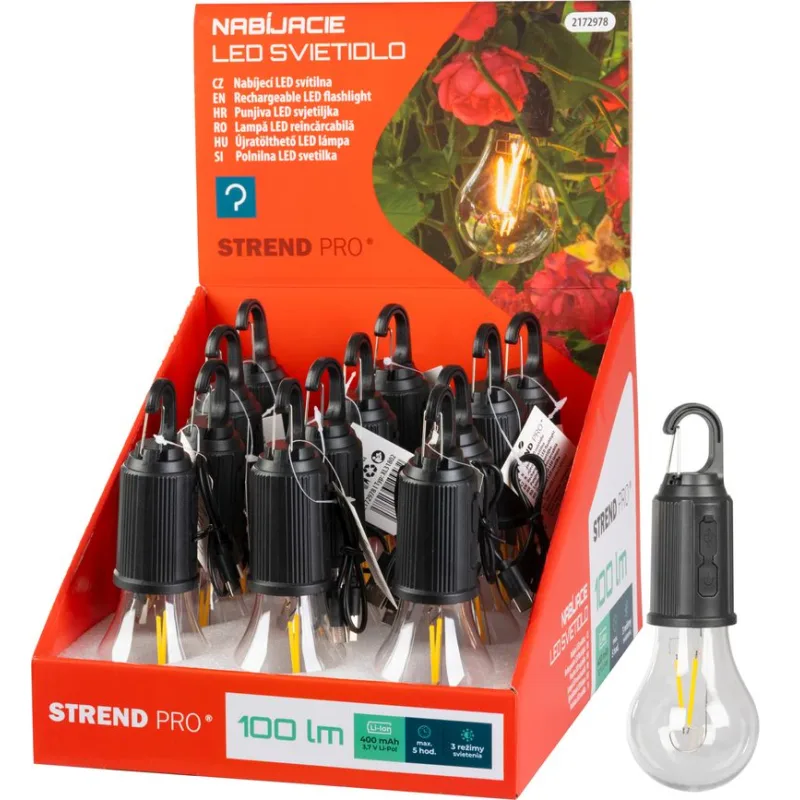 Svetlo Strend Pro, kempingové, LED, 100 lm, 400 mAh, USB-C nabíjanie, žiarovka
