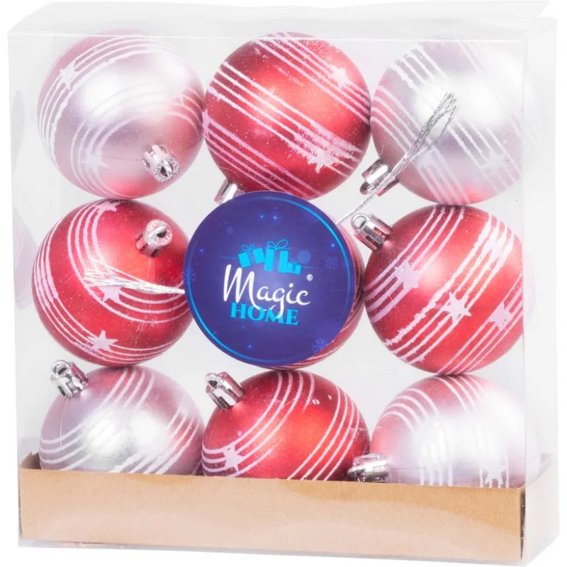 Vianočné gule na stromček 9 ks, červeno-ružové, matné, s dekoráciou, 6 cm