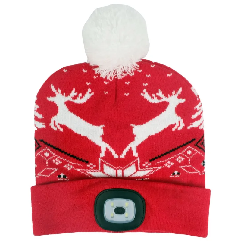 Čiapka s LED svetlom X-mas červená, so sobmi, L, 4x SMD LED, USB nabíjanie