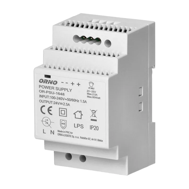 ORNO Napájací zdroj na DIN lištu 24VDC, 2.5A, 60W,, 3 moduly