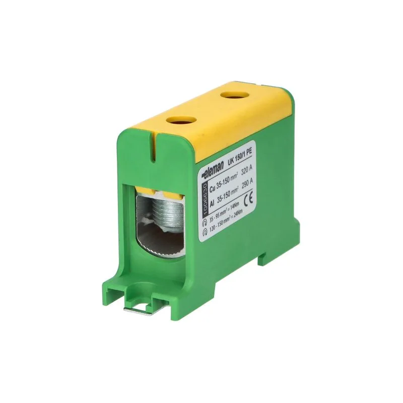 ELEMAN Svorka univerzálna UK 150/1 PE, 320A, 1x150mm2 1pól., AL/CU, krytá, zeleno-žltá, na DIN a Montážnu dosku