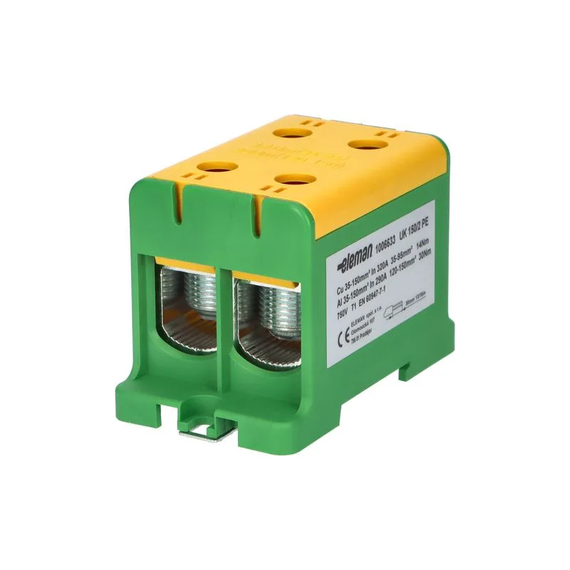 ELEMAN Svorka univerzálna dvojitá UK 150/2 PE, 320A, 2x150mm2 1pól., AL/CU, krytá, zeleno-žltá, na DIN a Montážnu dosku