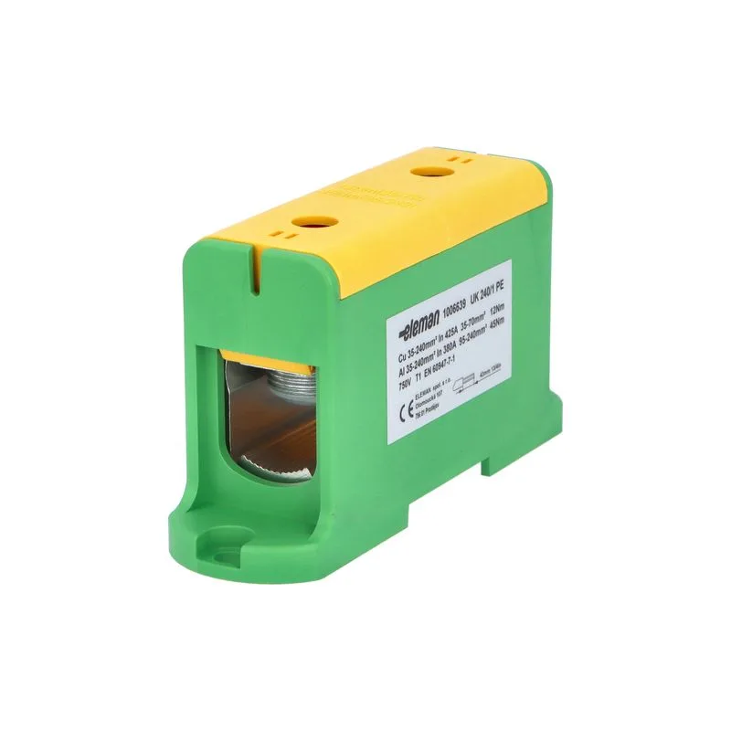 ELEMAN Svorka univerzálna UK 240/1 PE, 425A, 1x240mm2 1pól., AL/CU, krytá, zeleno-žltá, na DIN a Montážnu dosku