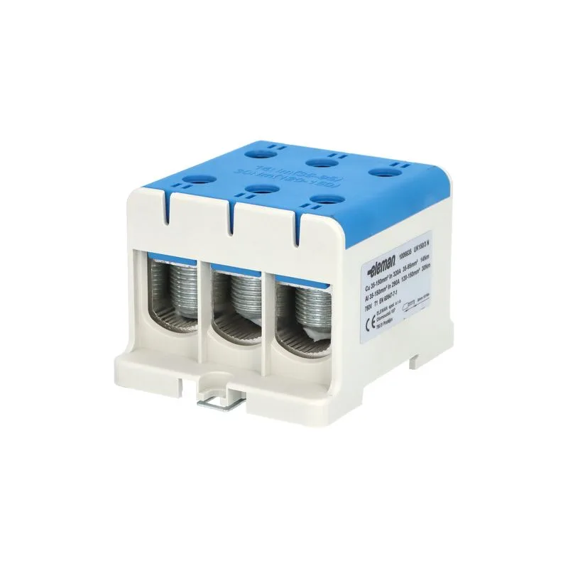 ELEMAN Svorka univerzálna trojitá UK 150/3 N, 320A, 3x150mm2 1pól., AL/CU, krytá, modrá, na DIN a Montážnu dosku