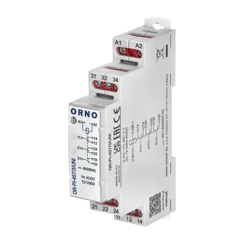 ORNO Univerzálne inštalačné relé 3P/3CO/3W 8A, 12-230 VUC 8 A / 250 V AC, 8 A / 24 V DC
