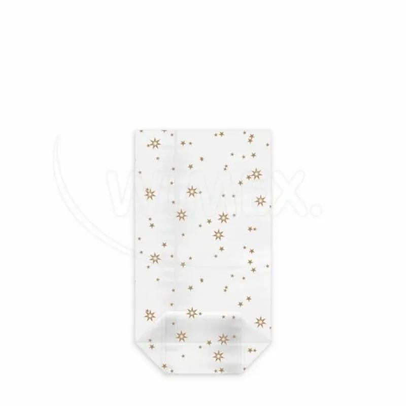 Sáček čirý (OPP) s křížovým dnem Hvězdy zlaté 9,5 x 16 + 4 cm [100 ks] (93109) (Celofánový sáček čirý (OPP) s křížovým dnem Hvězdy zlaté9,5 x 16 + 4)