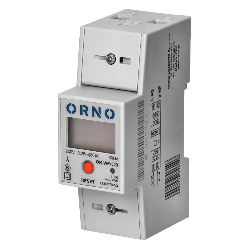 ORNO Elektromer OR-WE-523 1F 80A MID Reset RS-485 impulzný výstup prídavné počítadlo 2-moduly