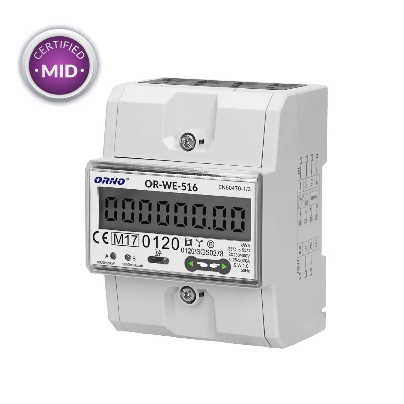 Elektromer trojfázový na DIN lištu ORNO OR-WE-516 80A MID RS-485 Modbus