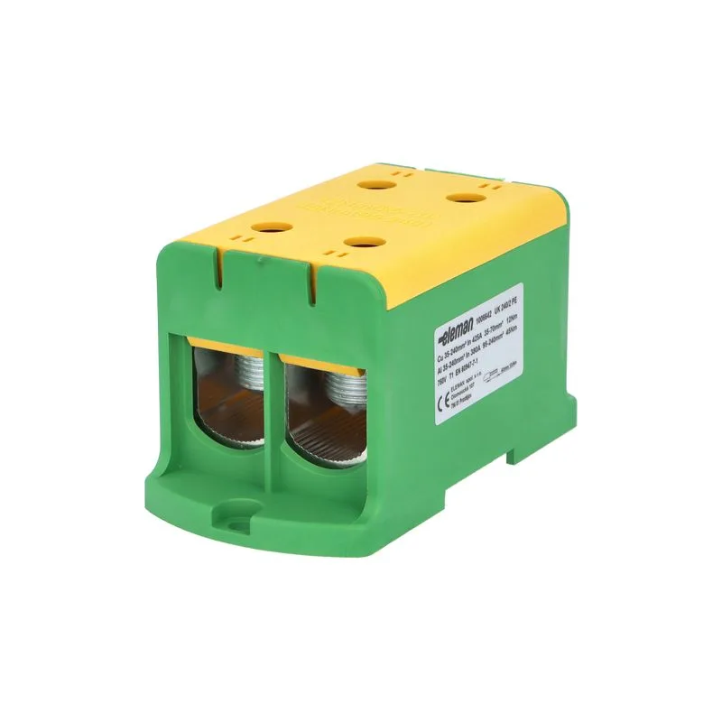 ELEMAN Svorka univerzálna dvojitá UK 240/2 PE, 425A, 2x240mm2 1pól., AL/CU, krytá, zeleno-žltá, na DIN a Montážnu dosku