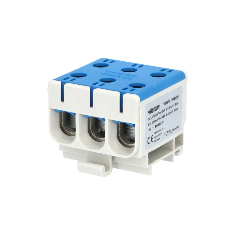 ELEMAN Svorka univerzálna trojitá UK 50/3 N, 160A, 3x50mm2 1pól, AL/CU, krytá, modrá, na DIN
