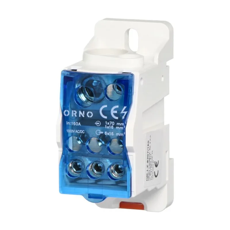 ORNO Distribučný blok 160A, vstupná svorka 1x16mm2 a 1x70mm2, výstupná svorka 6x16mm2, na DIN