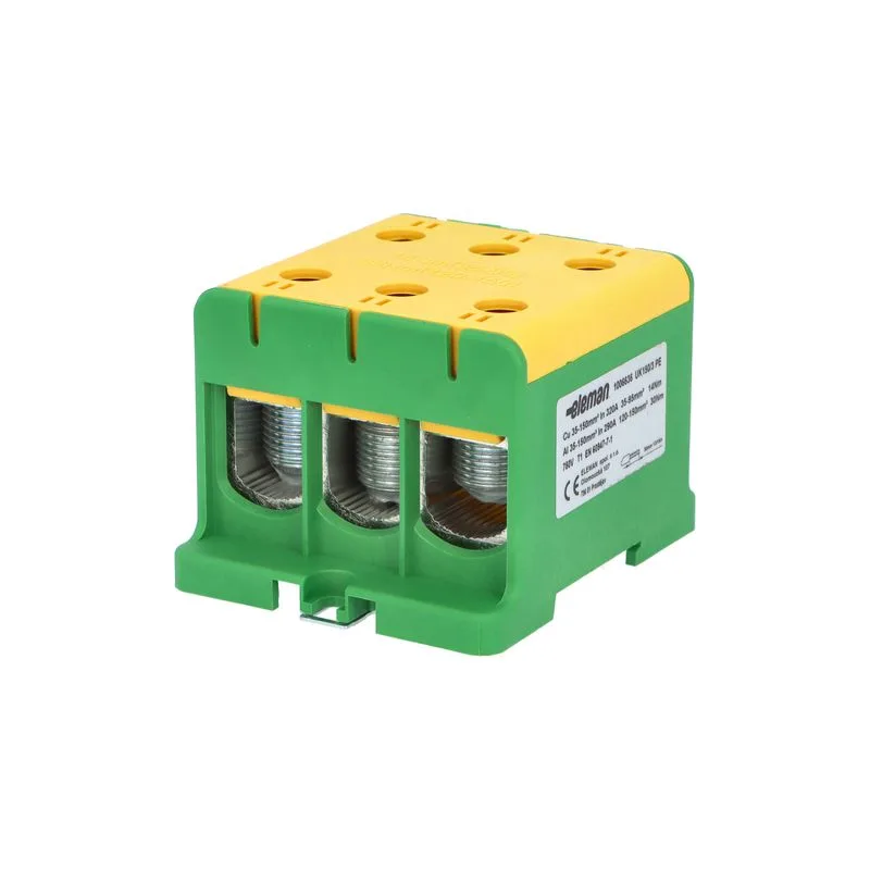 ELEMAN Svorka univerzálna trojitá UK 150/3 PE, 320A, 3x150mm2 1pól., AL/CU, krytá, zeleno-žltá, na DIN a Montážnu dosku