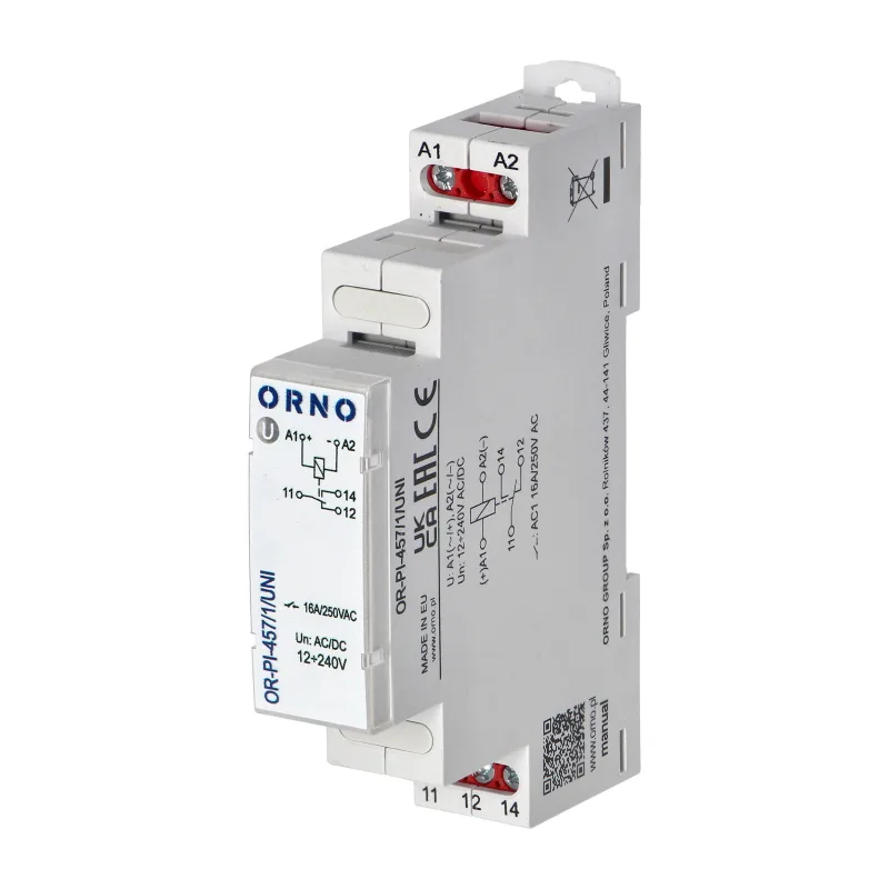 ORNO Univerzálne inštalačné relé 1P/1CO/1W 16A, 12-230 VUC 16 A / 250 V AC, 16 A / 24 V DC