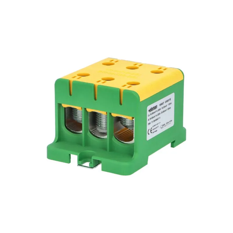 ELEMAN Svorka univerzálna trojitá UK 95/3 PE, 245A, 3x95mm2 1pól., AL/CU, krytá, zeleno-žltá, na DIN a Montážnu dosku