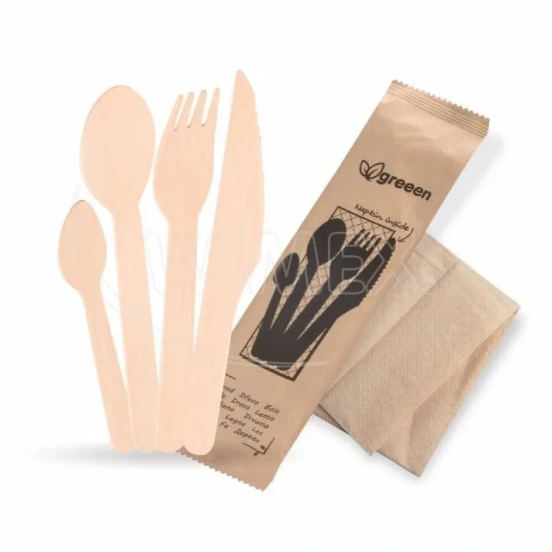 Sada dřevěných příborů (dřevo FSC 100%)(vidlička + nůž + lžíce +lžička + ubrousek) [50 sad] (40039 - 10B)