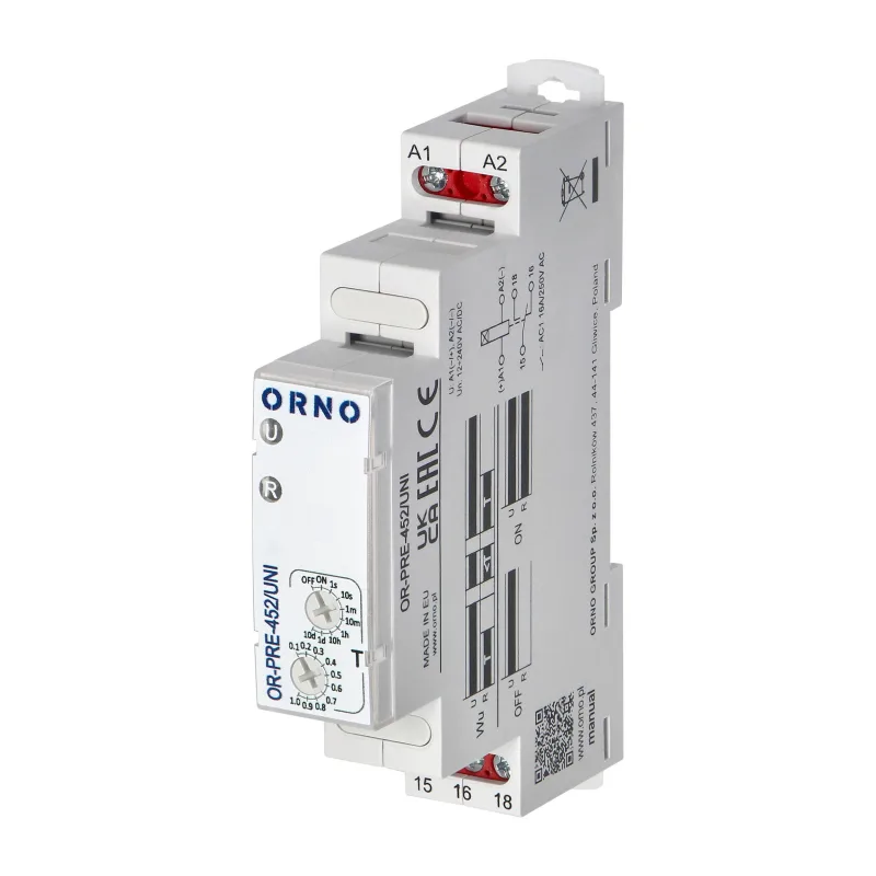 ORNO Časové relé OR-PRE-452/UNI 1P/1CO/1W 16A univerzálne napájanie 12 - 240 V AC/DC