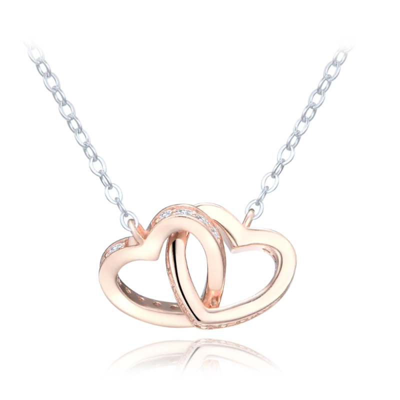 MINET Stříbrný náhrdelník v kombinaci s Rosegold se spojenými srdíčky a bílými zirkony JMAN0632RN45