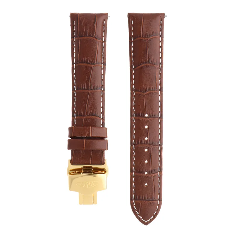 PRIM Kvalitní kožený řemínek PRIM s prošitím a vzorem aligátora RB.13234 (22 mm) - hnědý/pozlacený