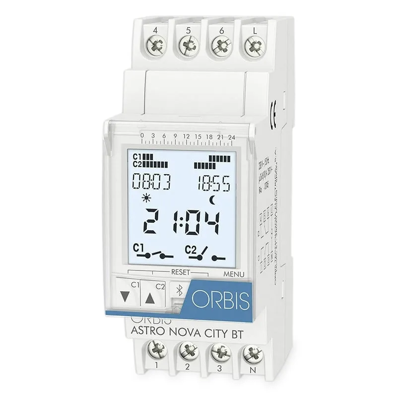 ORBIS Digitálne astronomické spínacie hodiny ASTRO NOVA CITY BLUETOOTH 230V, 16A, 2x NO/NC na DIN lištu 2102113