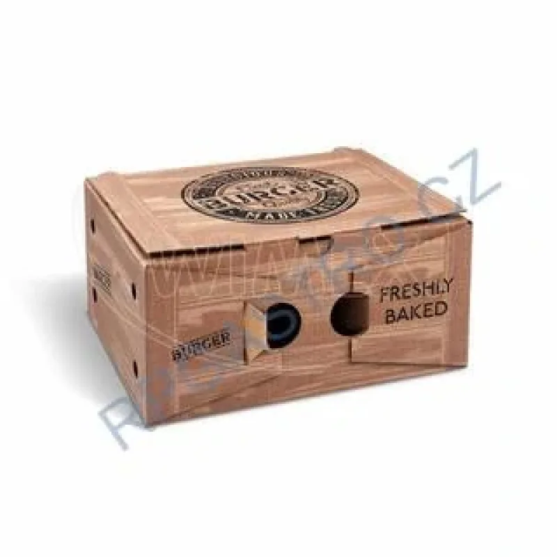 NEPOSÍLÁME - Burger box (mikrovlnitá lepenka) 2dílný kraft s potiskem 210 x 160 x 100 mm [100 ks] (71821)