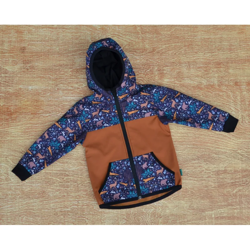 Softshellová bunda - karamel/zvieratká v lese, veľ. 140-152