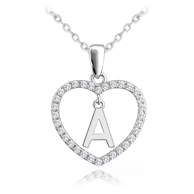 MINET Stříbrný náhrdelník písmeno v srdíčku "A" se zirkony JMAS900ASN45