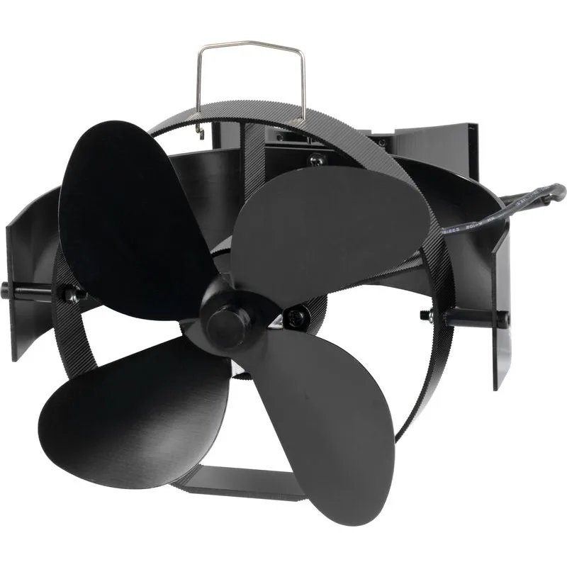 Ventilátor Strend Pro, krbový, s úchytom na dymovod a magnetom, poháňaný teplom, 4-lopatkový, čierny