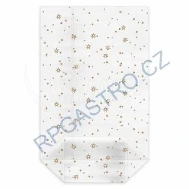 Sáček čirý (OPP) s křížovým dnem Zlaté hvězdy 18 x 30 + 7,5 cm [1 ks] (93118.1) (Celofánový Sáček čirý (OPP) s křížovým dnem zlaté hvězdy 18 x 30)