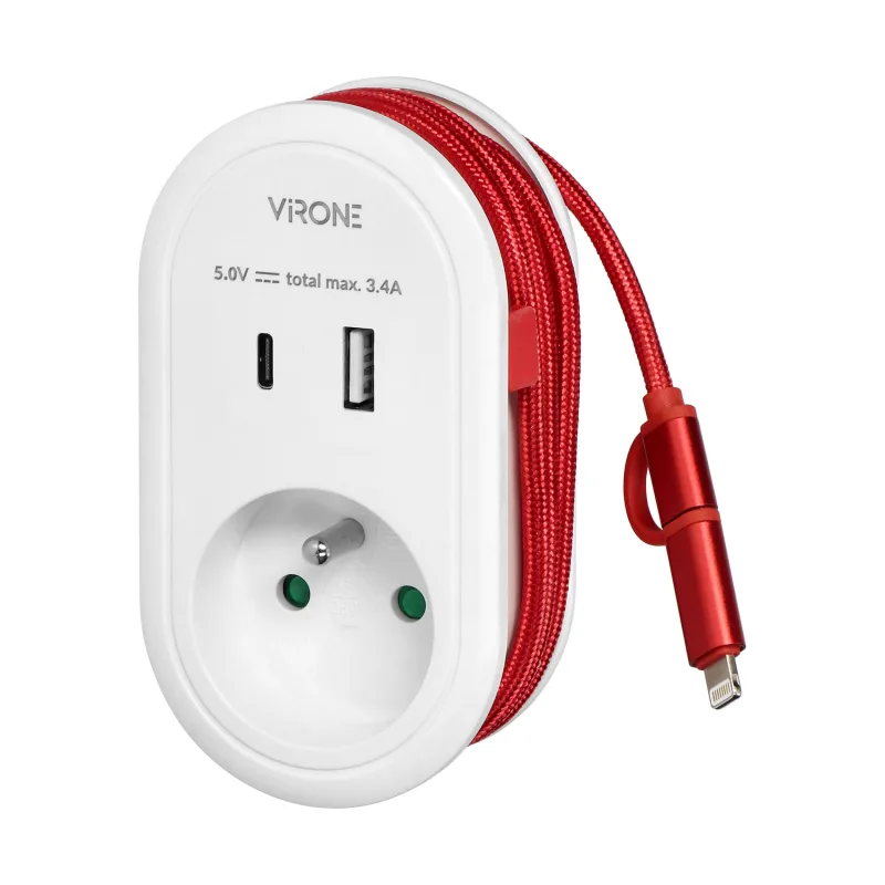 VIRONE Adaptér s káblom USB a káblom (typ C + Lightning), 1x2P+E, 2xUSB (typ A+C), max 3.4A