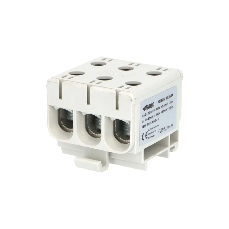 ELEMAN Svorka univerzálna trojitá UK 50/3 A, 160A, 3x50mm2 1pól, AL/CU, krytá, sivá, na DIN