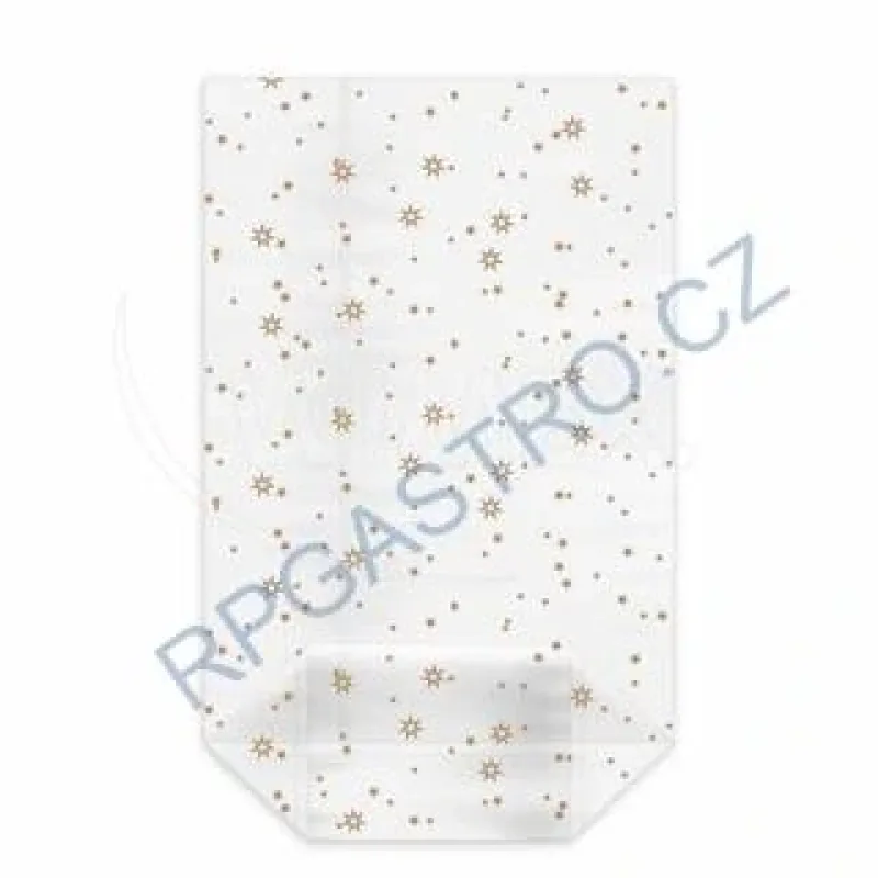 Sáček čirý (OPP) s křížovým dnem Zlaté hvězdy 16 x 27 + 6,5 cm [100 ks] (93116) (Celofánový Sáček čirý (OPP) s křížovým dnem Zlaté hvězdy 16 x 27 +)