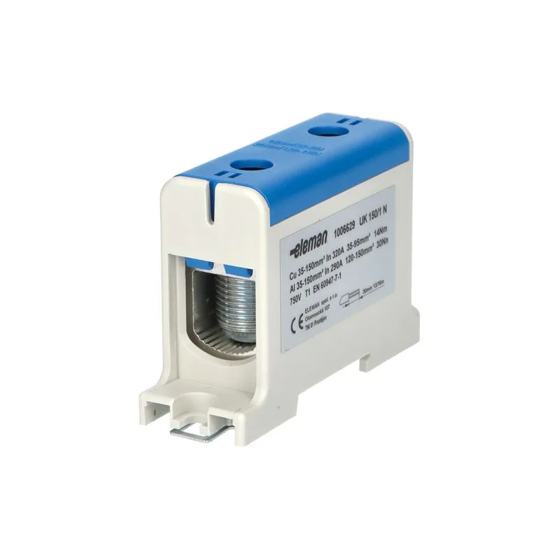 ELEMAN Svorka univerzálna UK 150/1 N, 320A, 1x150mm2 1pól., AL/CU, krytá, modrá, na DIN a Montážnu dosku