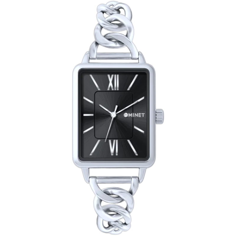 MINET Stříbrno-černé dámské hodinky SIENA se stříbrným ocelovým řemínkem MWL5410