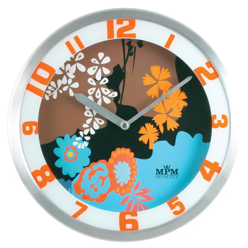 MPM Stříbrné barevné nástěnné kulaté hodiny MPM E04.2826