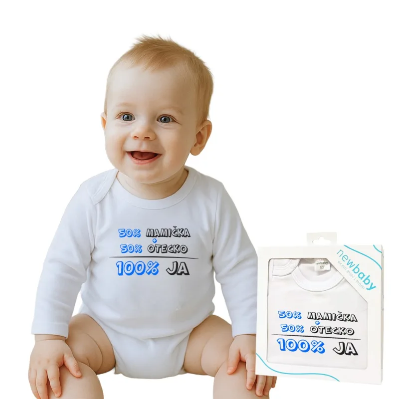 Body s potlačou New Baby 50% MAMIČKA + 50% OTECKO - 100% JA modré - darčekové balenie