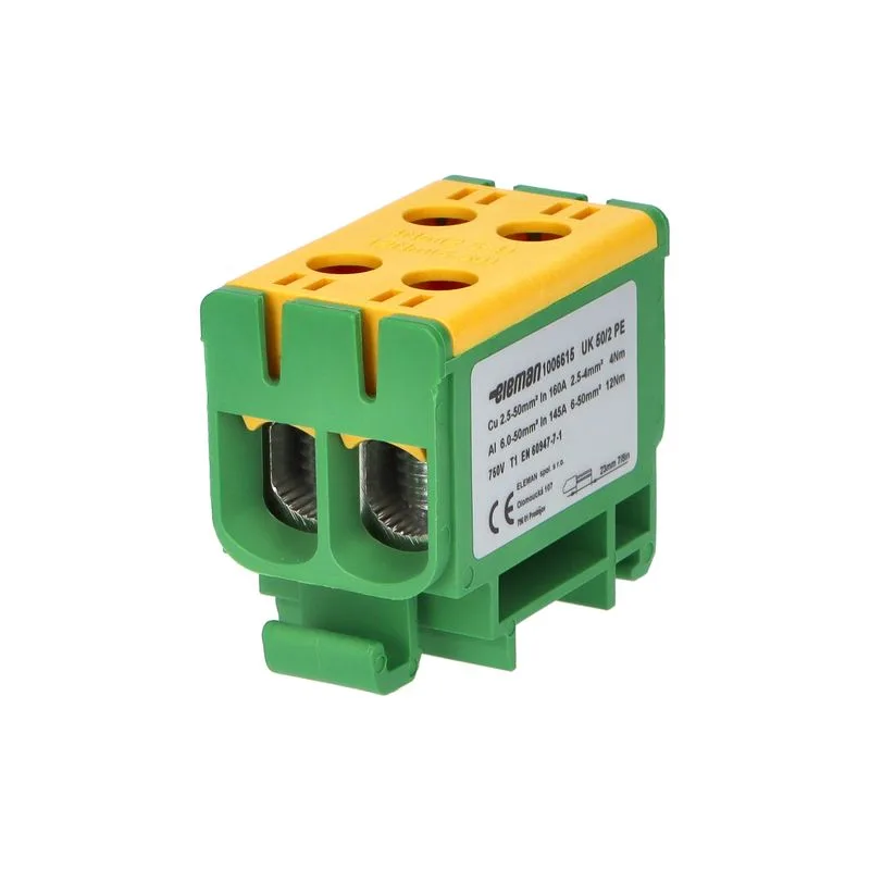 ELEMAN Svorka univerzálna dvojitá UK 50/2 PE, 160A, 2x50mm2 1pól, AL/CU, krytá, zeleno-žltá, na DIN lištu