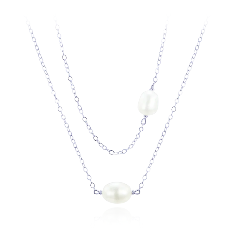 MINET Dvojitý stříbrný náhrdelník s přírodní perlou JMAS7055SN45