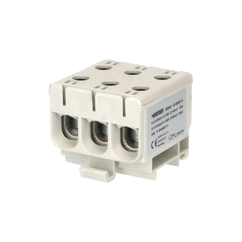 ELEMAN Svorka univerzálna trojitá UK 50/3x1 A, 160A, 3x50mm2 3pól, AL/CU, krytá, sivá, na DIN