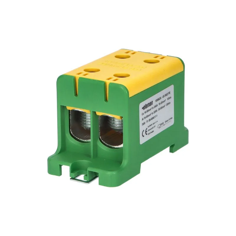 ELEMAN Svorka univerzálna dvojitá UK 95/2 PE, 245A, 2x95mm2 1pól., AL/CU, krytá, zeleno-žltá, na DIN a Montážnu dosku