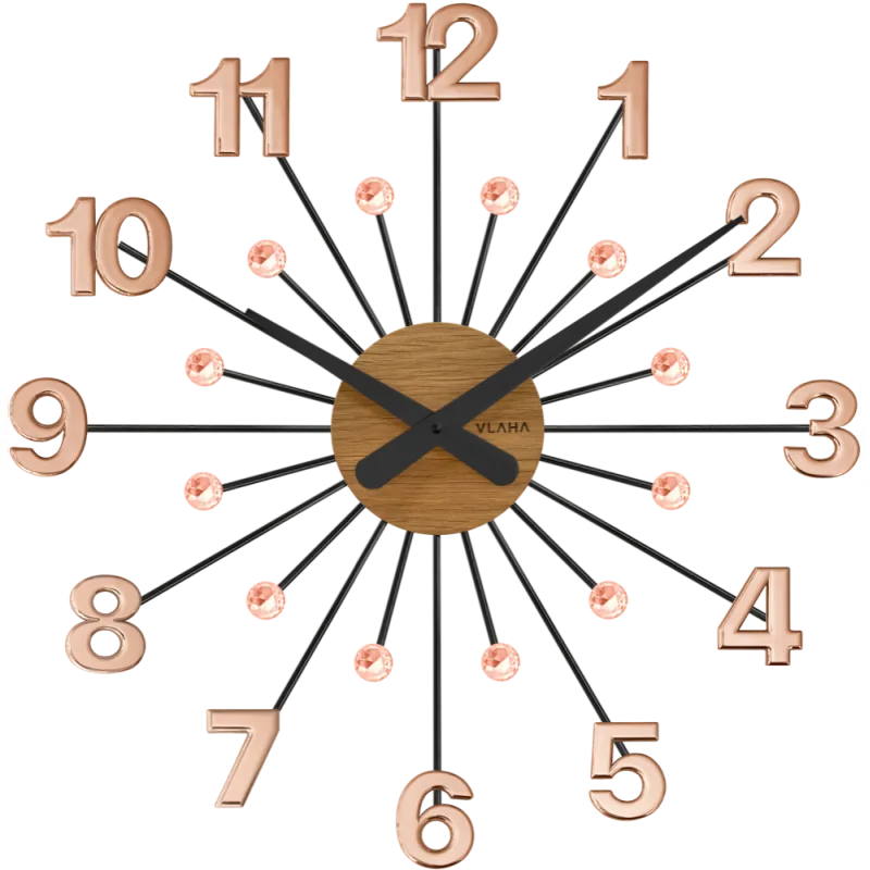 VLAHA Dřevěné Rosegold-černé hodiny s kameny DESIGN vyrobené v Čechách VCT1085