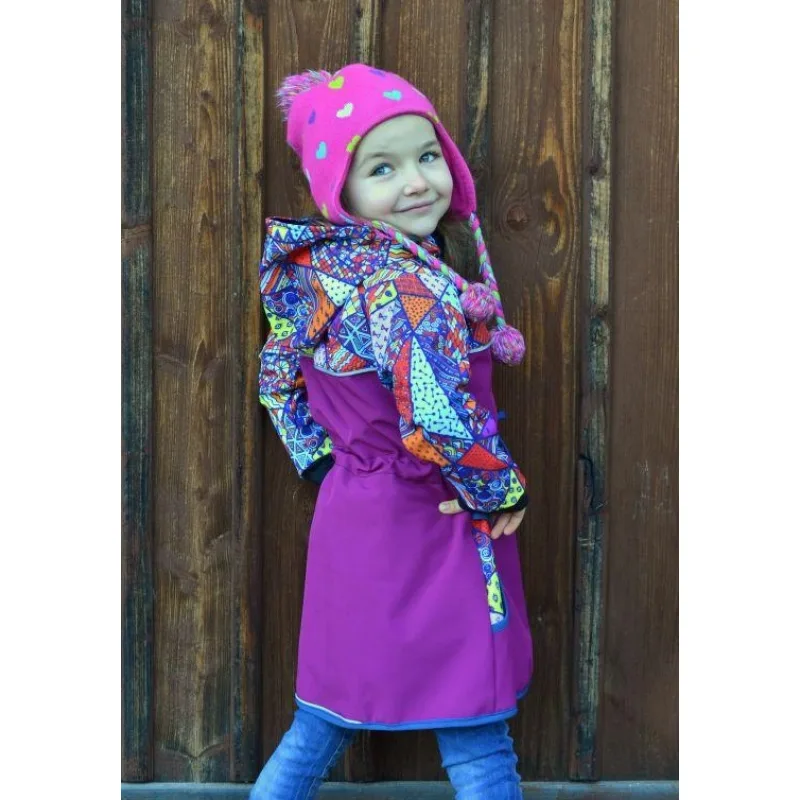 Softshellový kabátik na stiahnutie v pase fuchsie/bláznivé trojuholníky,veľ. 86-116