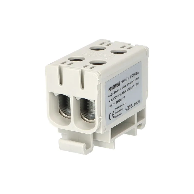 ELEMAN Svorka univerzálna dvojitá UK 50/2 A, 160A, 2x50mm2 1pól, AL/CU, krytá, sivá, na DIN lištu