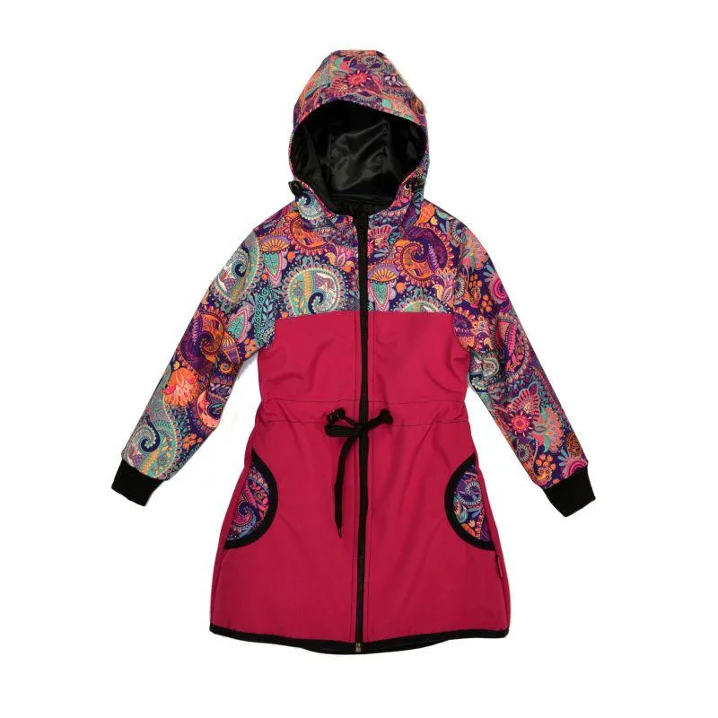 Softshellový kabátik na stiahnutie v pase malina/ornamenty, veľ. 140-152