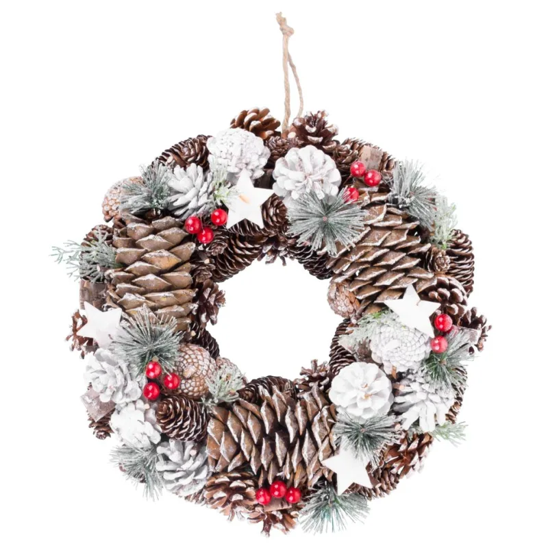 Veniec na dvere MagicHome, prírodný závesný, biele šišky, 37 cm