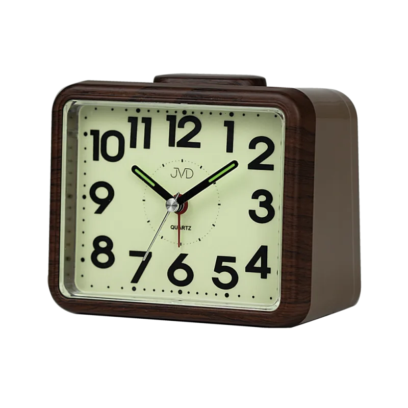 JVD Ručkový analogový netikající tichý budík JVD SRP1080.2 s luminiscenčním displejem v imitaci dřeva