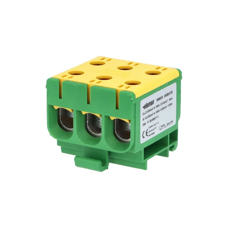 ELEMAN Svorka univerzálna trojitá UK 50/3 PE, 160A, 3x50mm2 1pól, AL/CU, krytá, zeleno-žltá, na DIN