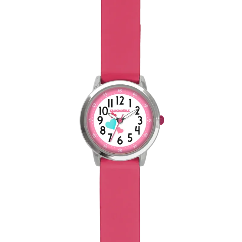 CLOCKODILE Náramkové růžové dívčí dětské hodinky se srdíčky a tmavě růžovým silikonovým řemínkem CWG5172